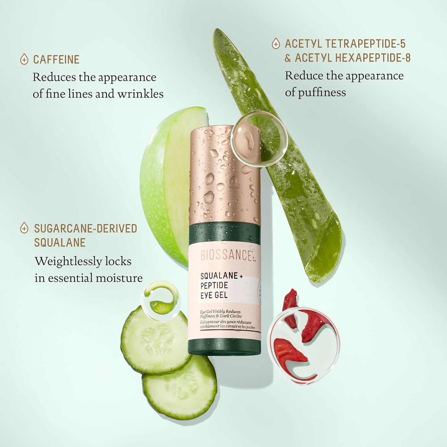 Biossance Squalane + Peptide Eye Gel - Ultra-Hydrating Under Eye Cream - Reduces Puffiness & Dark Circles - Eye Wrinkles Repair Moisturizer- Anti Aging & Hydrating, Day & Night Cream - 0.5oz