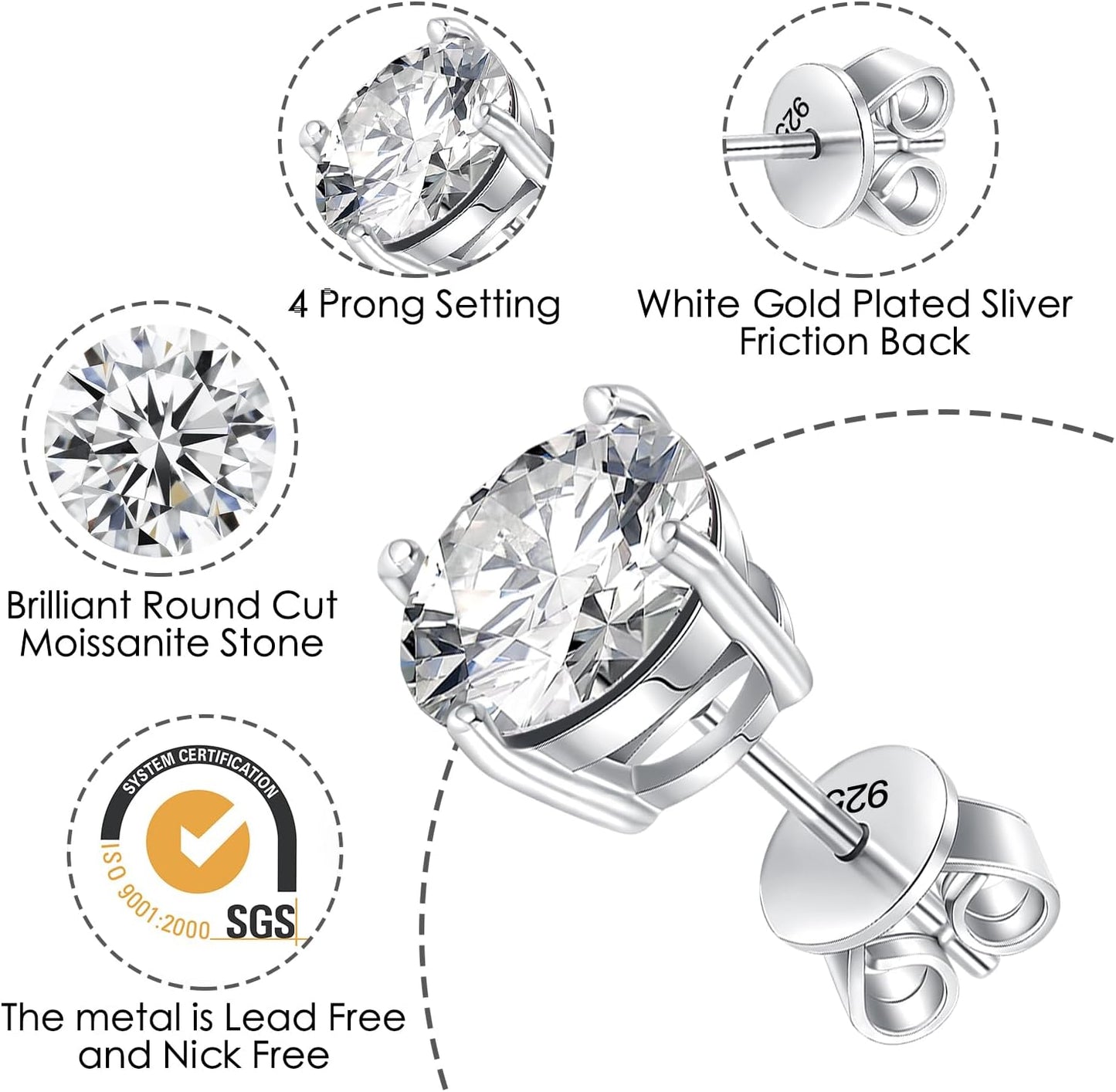 Moissanite Stud Earrings 1-4ct S925 Sterling Silver Earrings Moissanite Earrings Hypoallergenic Lab Created Diamond D Color Jewelry Gifts for Women Men Valentine's Day